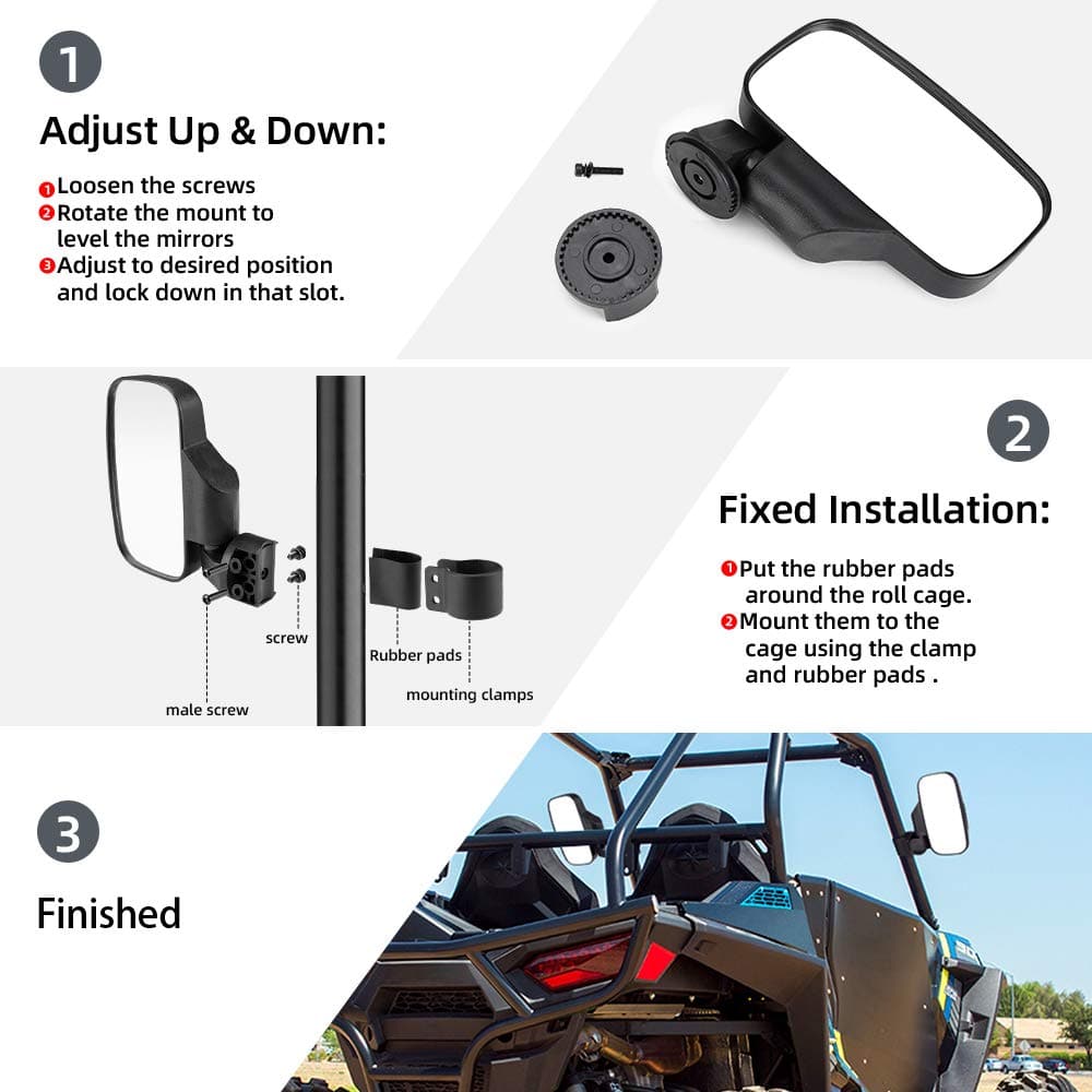 UTV Adjustable Rear View Mirror & Side Mirrors for 1.75"-2" Round Tube - Image 12