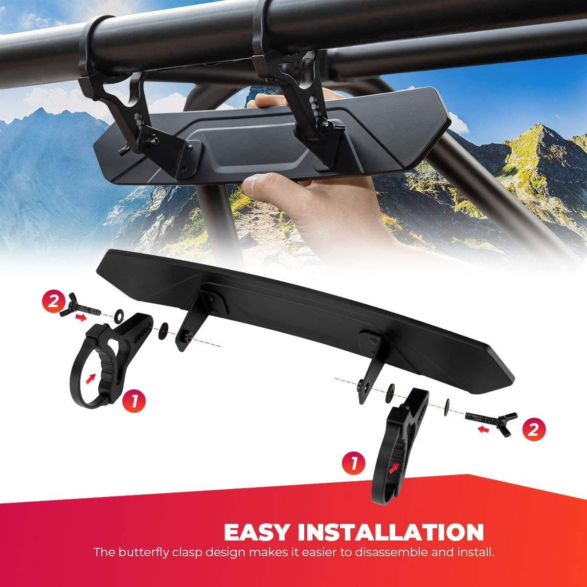 UTV Adjustable Rear View Mirror & Side Mirrors for 1.75"-2" Round Tube - Image 9