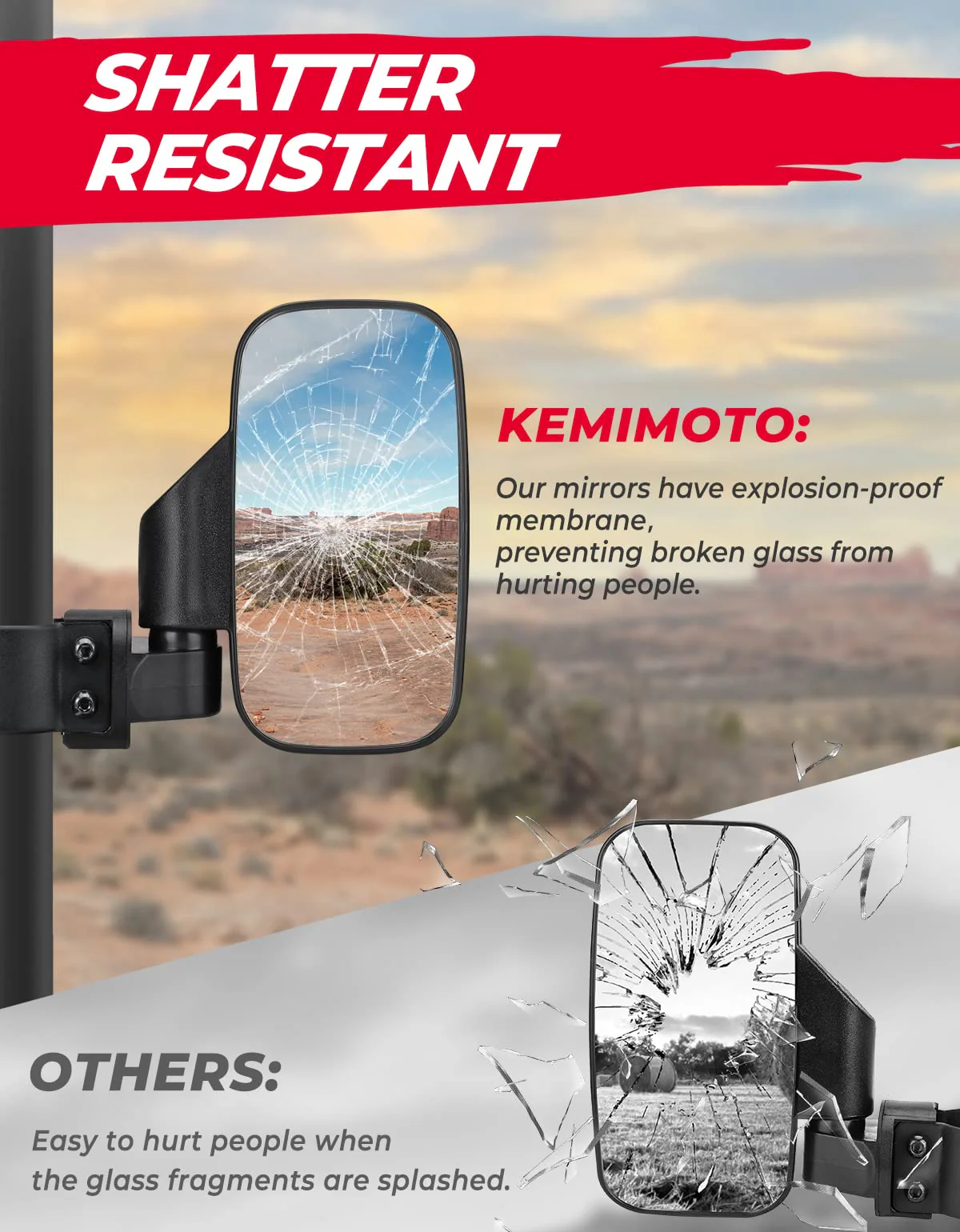 UTV 1.75" / 2" Side View High Impact Convex Mirror for Yamaha Rhino - Image 4