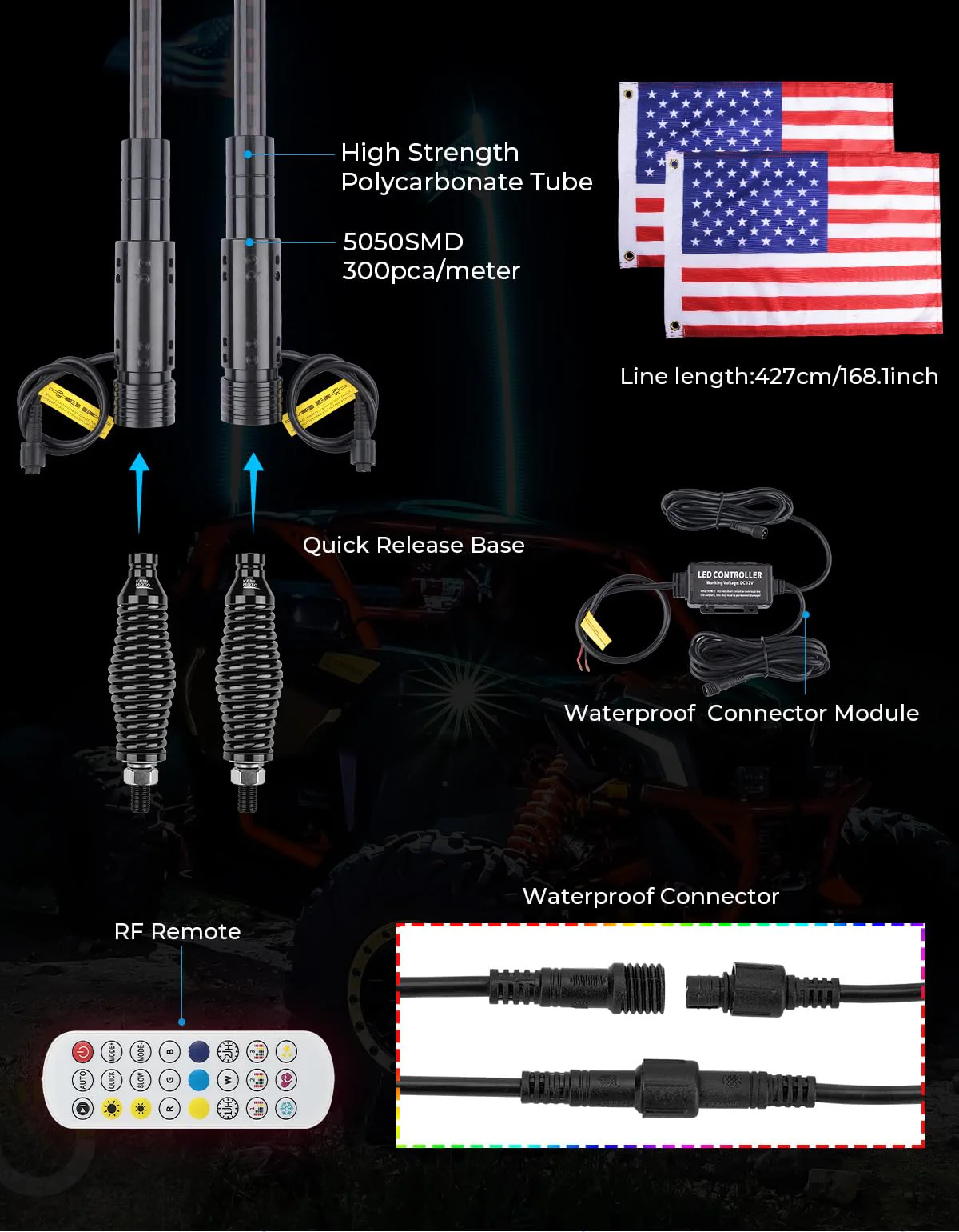 UTV 2pcs 3ft / 4ft Whip Lights with Spring Base for X3 / RZR - Image 7