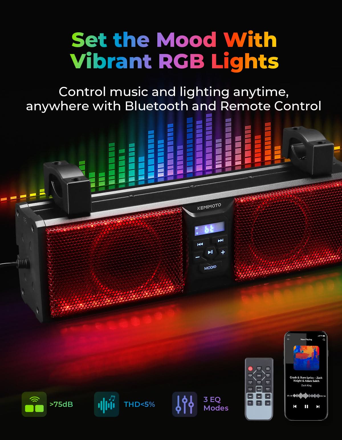 2.1CH 17" SoundBar Bluetooth For Polaris  Can am UTV/ATV Universal with RGB Lights 1''-2'' Roll Bar - Image 4