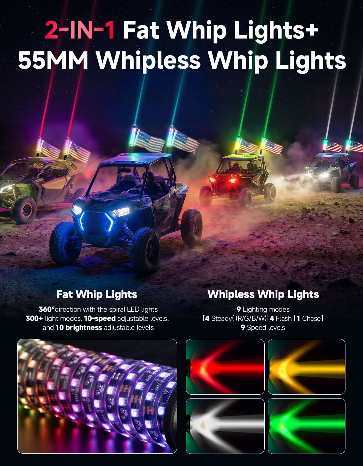 UTV/ATV Universal 2-in-1 2PCS 2FT RGB Whipless LED Whip Lights - Image 3