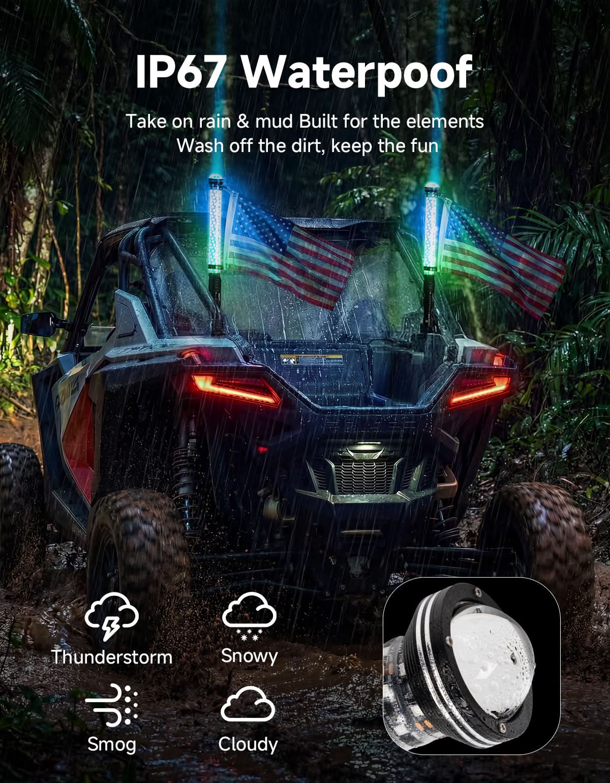 UTV/ATV Universal 2-in-1 2PCS 2FT RGB Whipless LED Whip Lights - Image 8