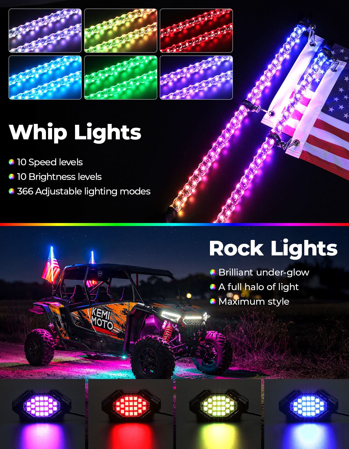 UTV/ATV Universal 3FT LED Whip Lights & Rock Lights Combo - Image 3