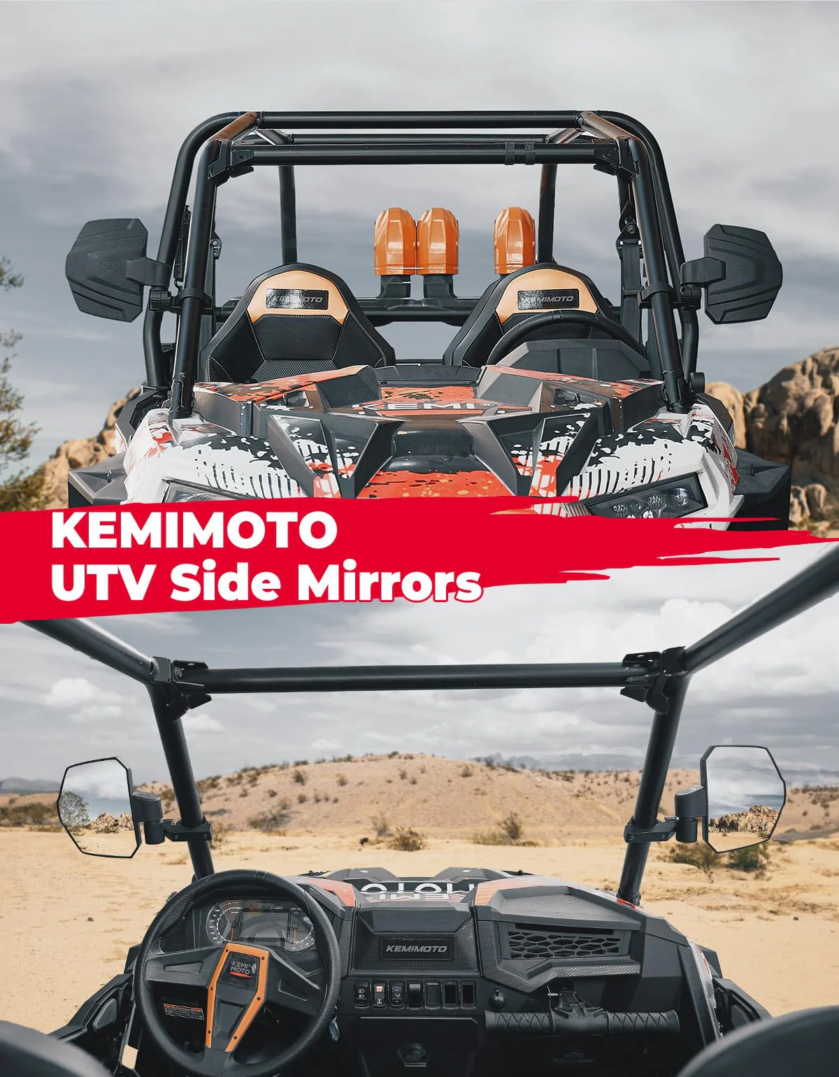 UTV Universal Large View Side Mirrors for 1.65"-2" Roll Bar - Image 3
