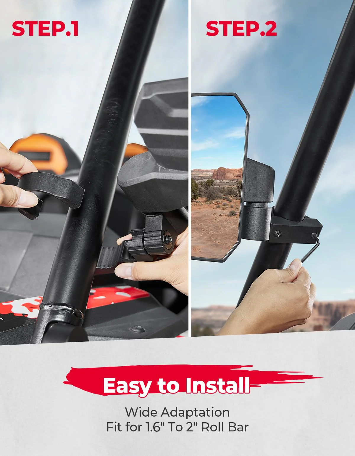 UTV Universal Large View Side Mirrors for 1.65"-2" Roll Bar - Image 7