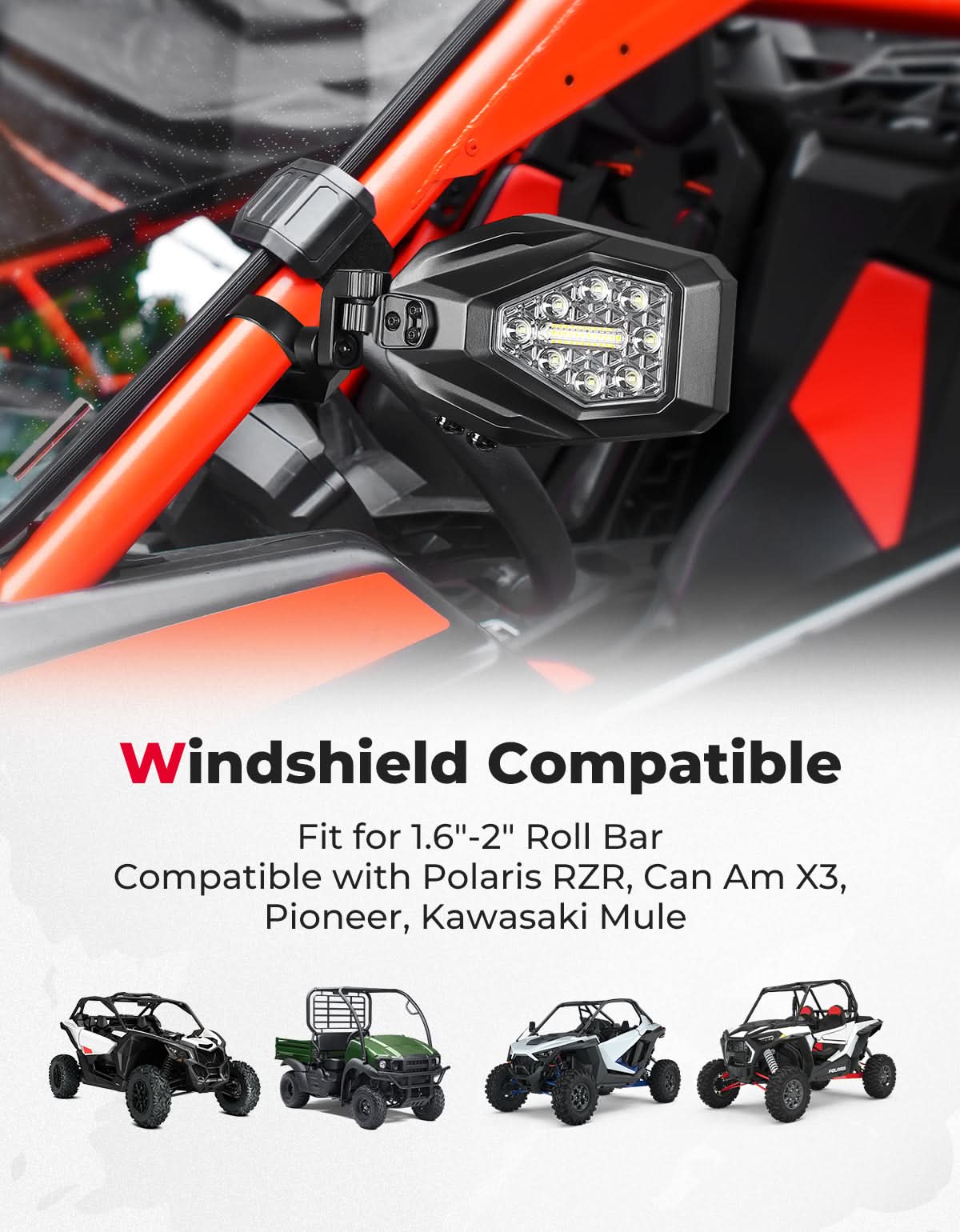 UTV LED Lighted Side Mirrors with Flowing Turn Signal for Polaris RZR Talon 1000 Can Am X3 - Image 4