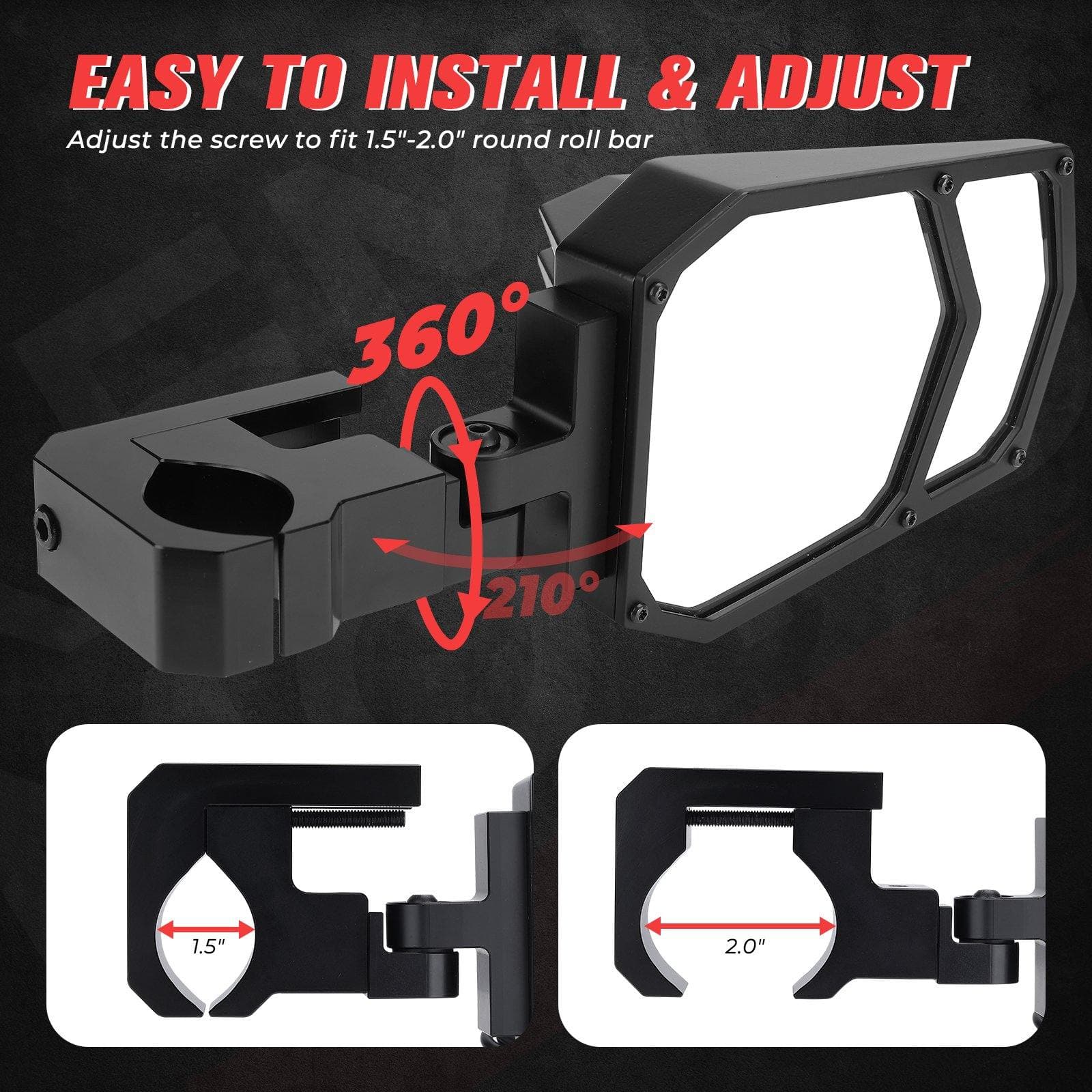 UTV Side Mirrors with light fit 1.5" - 2" Roll Bar - Image 3