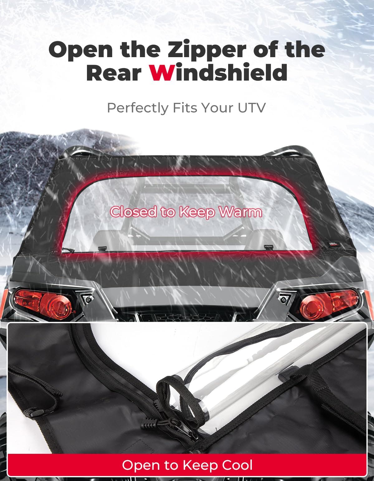 UTV Rear Windshield with Zipper for Polaris RZR 570, RZR Trail 570, 800, S 800, 900 - Image 4