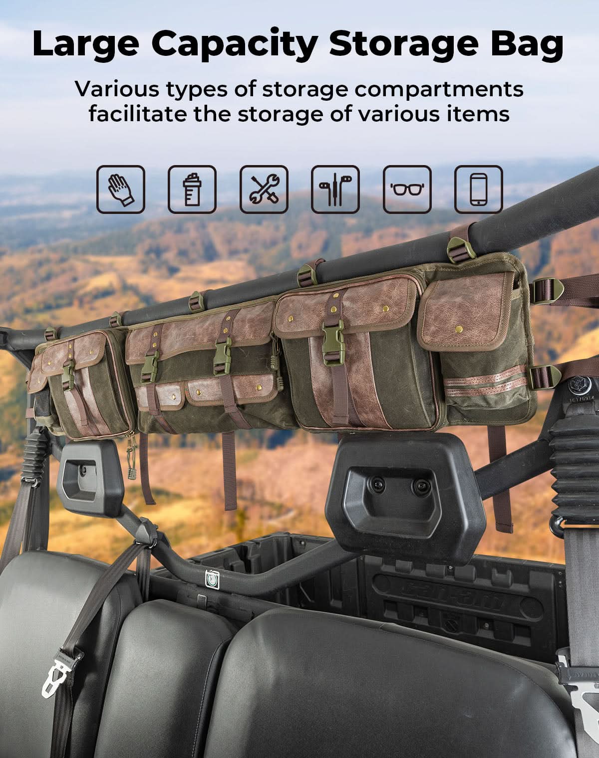 UTV Roll Cage Organizer Bag Leather for Ranger RZR Pioneer Talon Defender - Image 3