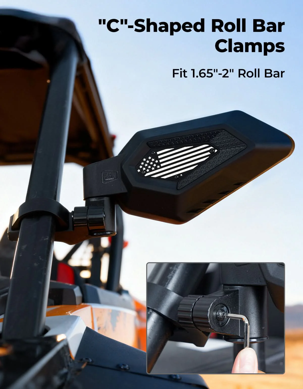 UTV Side Mirrors, Auto-Fold for RZR, Can-Am, Talon, Mule – US Flag Pattern - Image 3