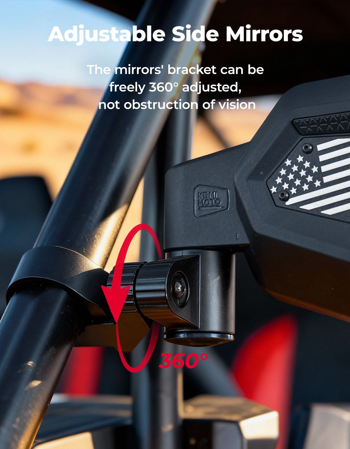 UTV Side Mirrors, Auto-Fold for RZR, Can-Am, Talon, Mule – US Flag Pattern - Image 4