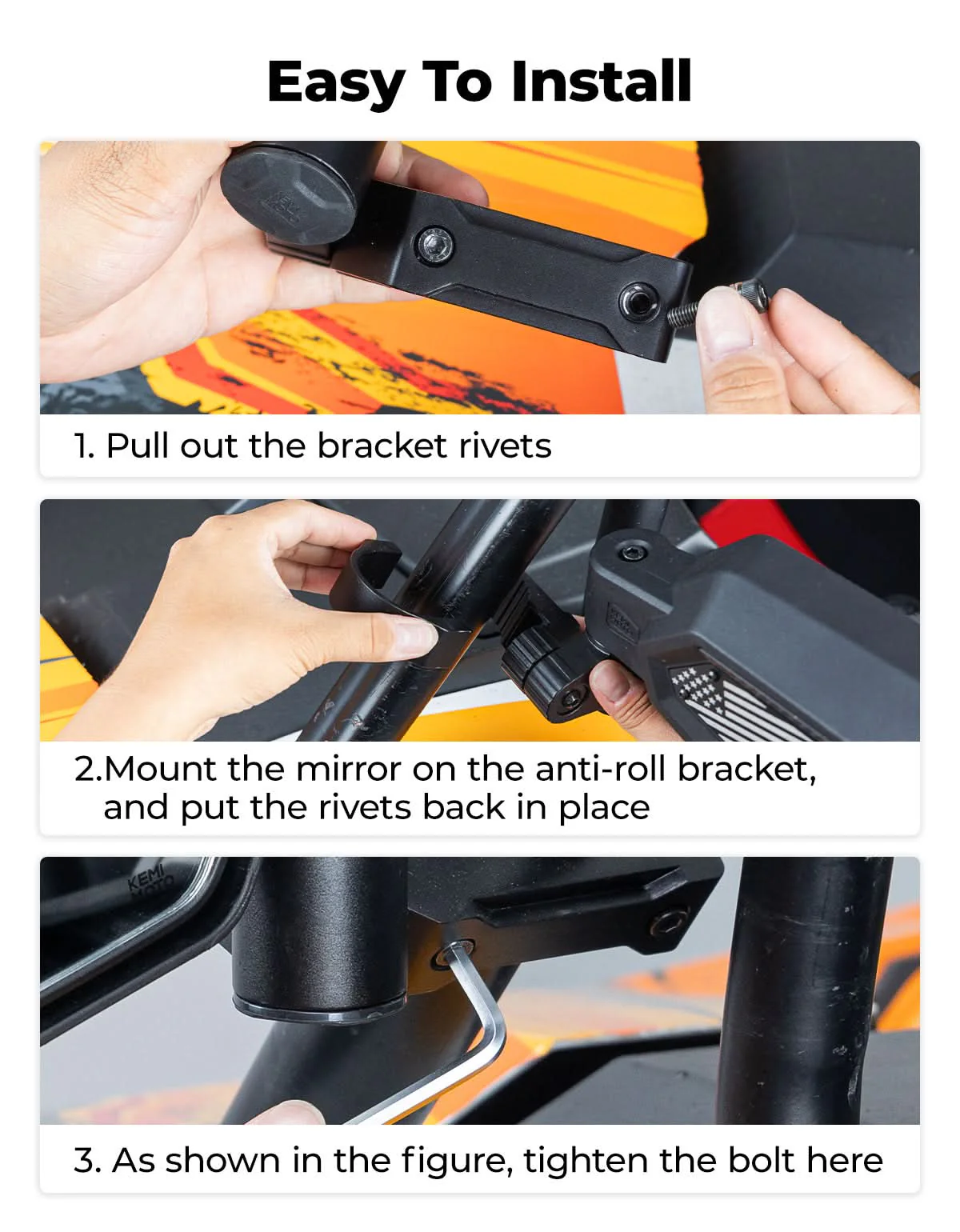 UTV Side Mirrors, Auto-Fold for RZR, Can-Am, Talon, Mule – US Flag Pattern - Image 7