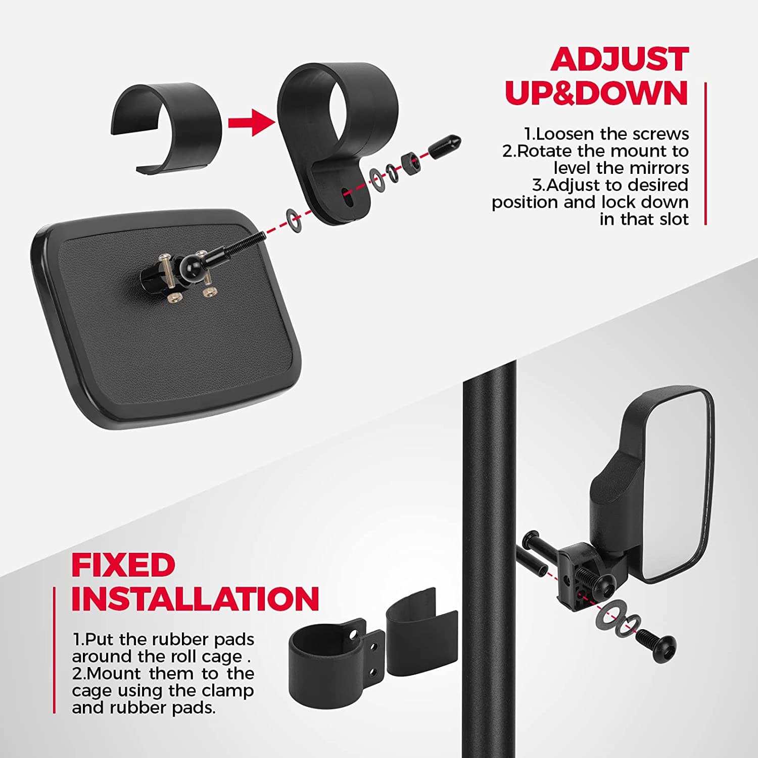 UTV Side Mirrors and Center Mirror with 1.6" to 2" Roll Bar Cage - Image 4