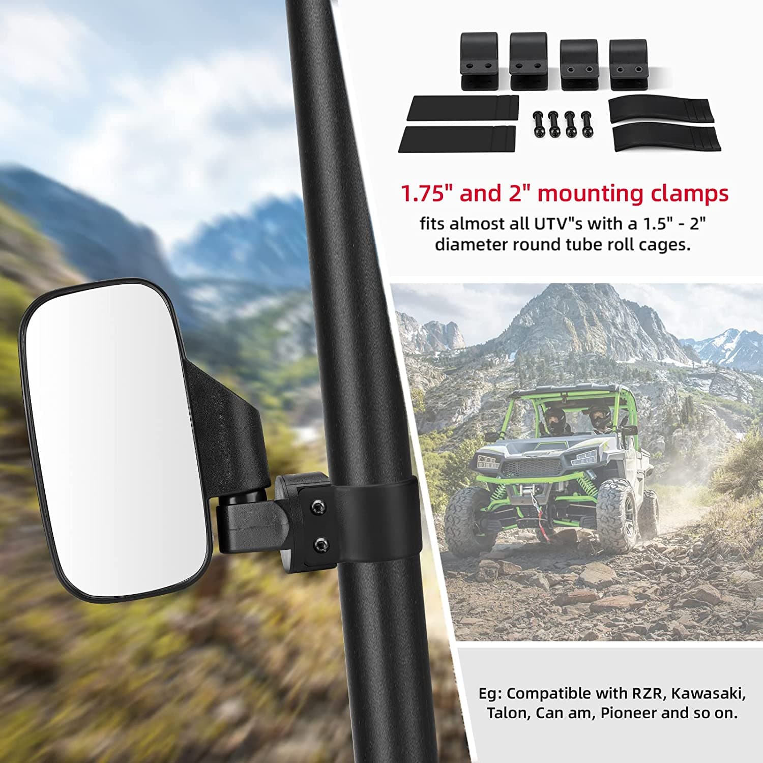 UTV Side Mirrors and Center Mirror with 1.6" to 2" Roll Bar Cage - Image 6