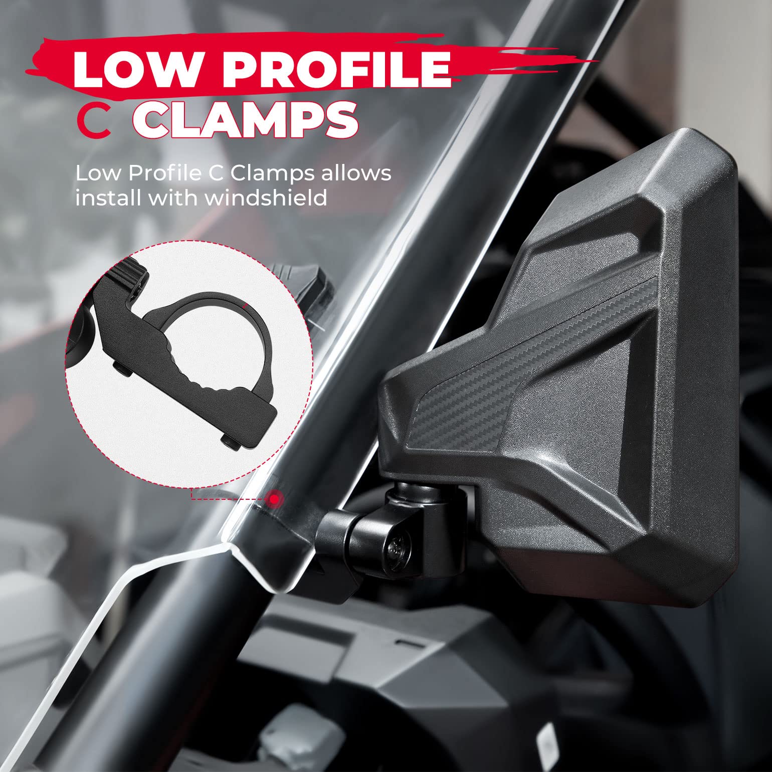 UTV Side Mirrors Fit with Windshield for 1.6"-2" Roll Bar - Image 2