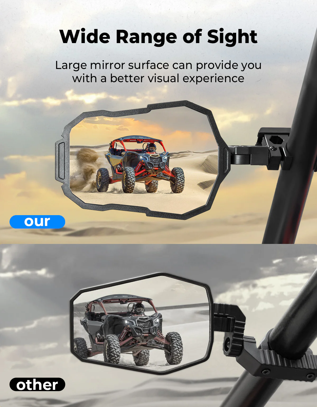 UTV Side Mirrors Fits 1.5-2 inch Roll Cage for Polaris RZR Can Am Mule Zforce Pioneer - Image 5