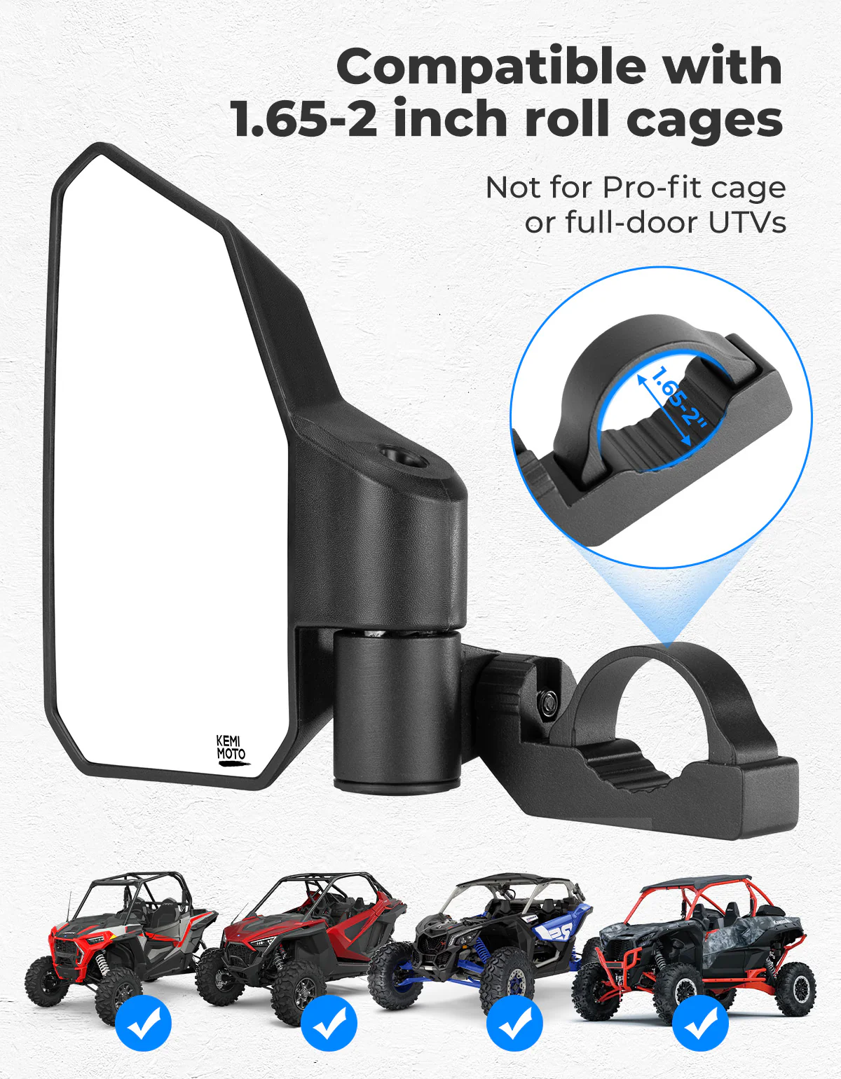 UTV Side Mirrors w/ 1.65"-2.0" Roll Cage for Polaris RZR/Can Am X3/Pioneer/Talon/Mule/CFMOTO - Image 6