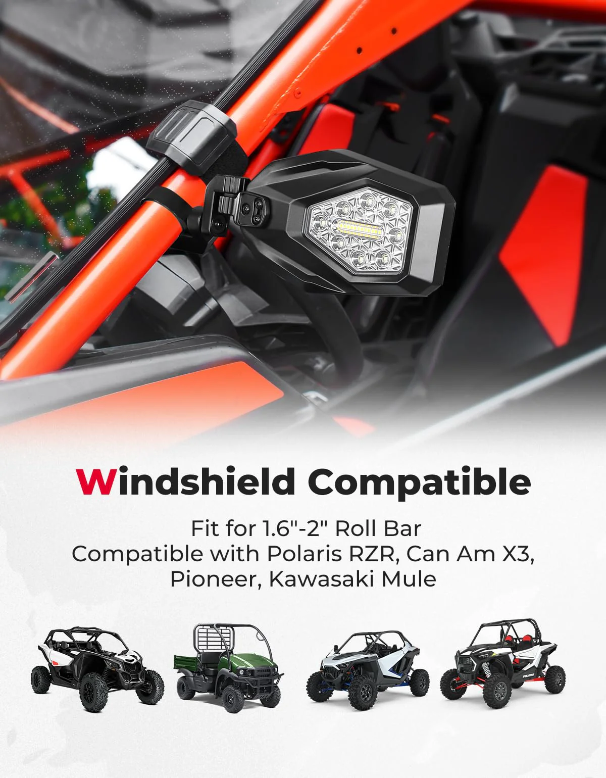 Side Mirrors with LED Turn Lights for Can Am Maverick X3/ RZR w/ 1.6"-2" Roll Bar - Image 4
