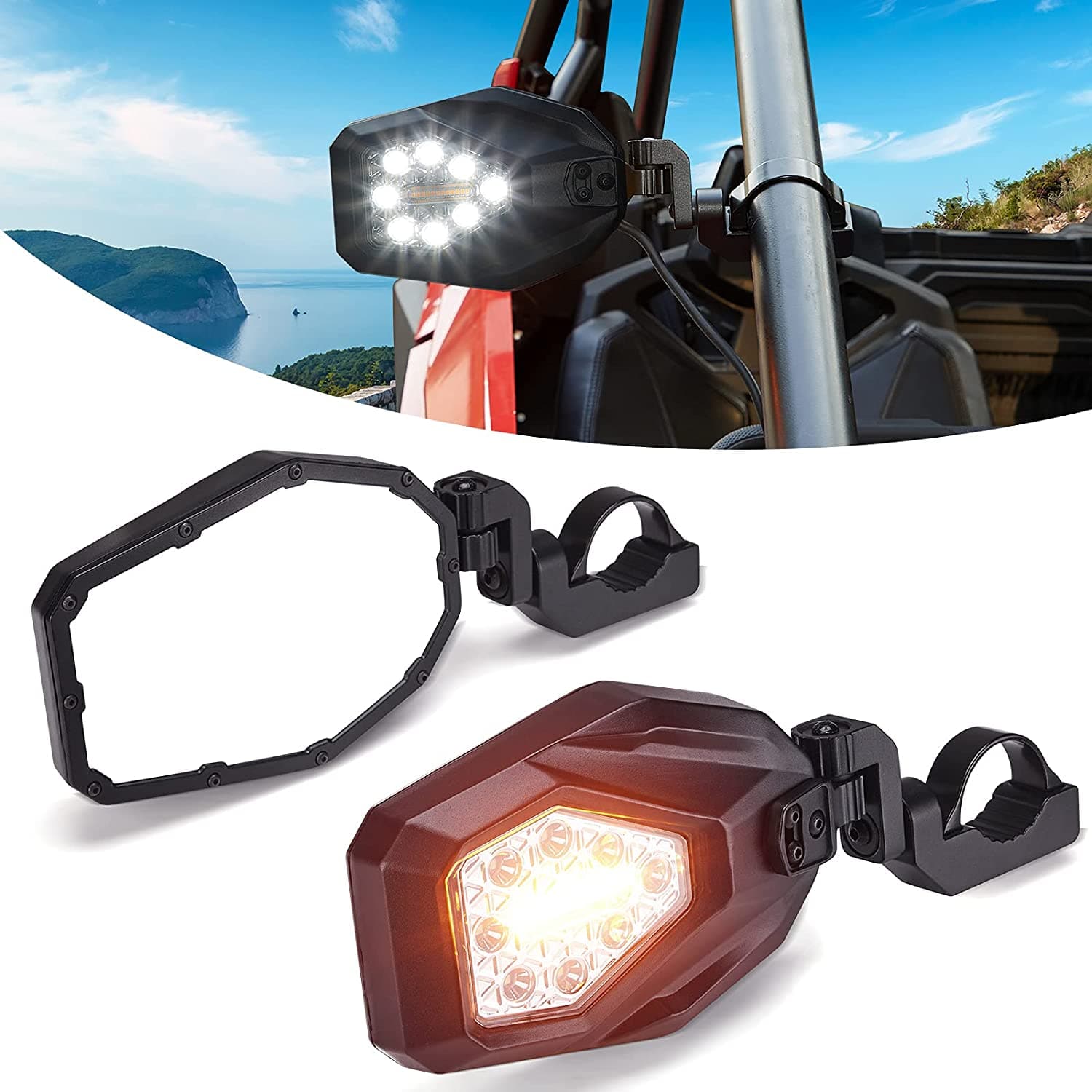 Side Mirrors with LED Turn Lights for Can Am Maverick X3/ RZR w/ 1.6"-2" Roll Bar - Image 8