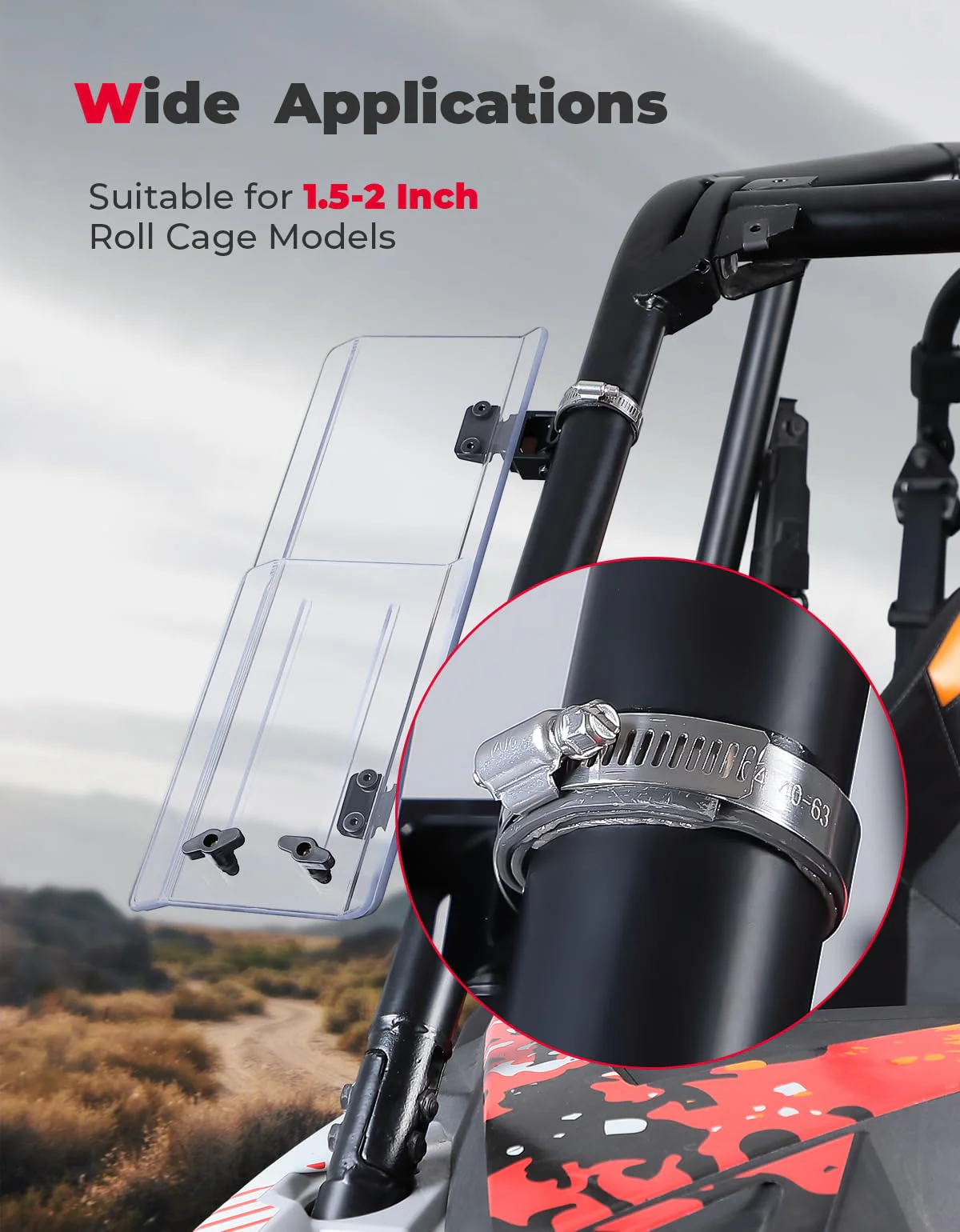 2PCS UTV Side Wind Deflectors for Can-Am / Polaris fit 1.5-2.2 inch Roll Bar - Image 3