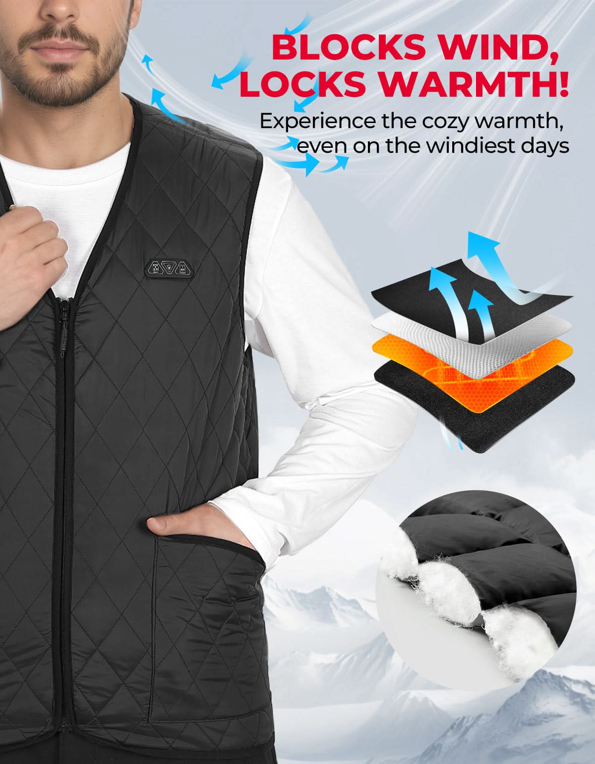 Heated Vest for Men Winter V-Neck Quilted Puffer Jacket (Batteries Not Included) - Image 4
